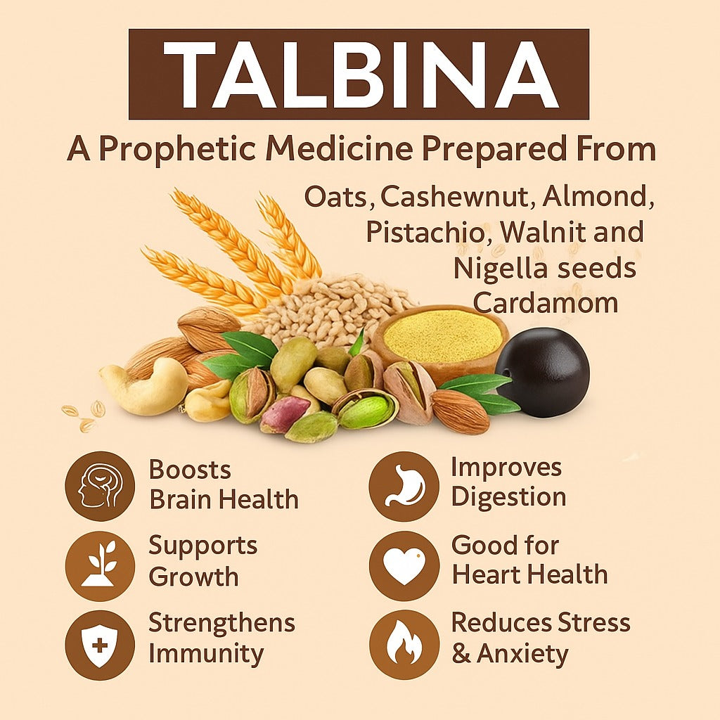 ﻿TALBINA | A prophetic medicine prepared from barley Oats, Cashewnut, Almond, Pistachio, Walnut, Nigella seeds, Cardamom, Poppy Seeds & olive & Almond