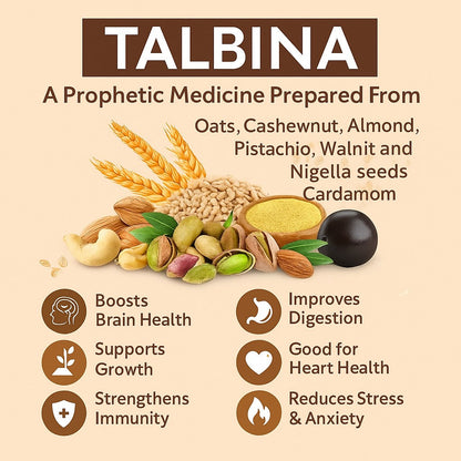 ﻿TALBINA | A prophetic medicine prepared from barley Oats, Cashewnut, Almond, Pistachio, Walnut, Nigella seeds, Cardamom, Poppy Seeds & olive & Almond